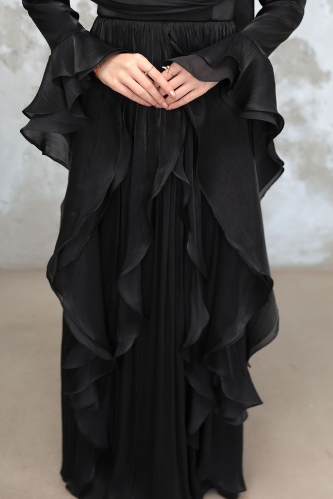 Hulya Keser Elegant Black Sheath Dress With Ruffle Sleeves Wholesale Clothing Spring