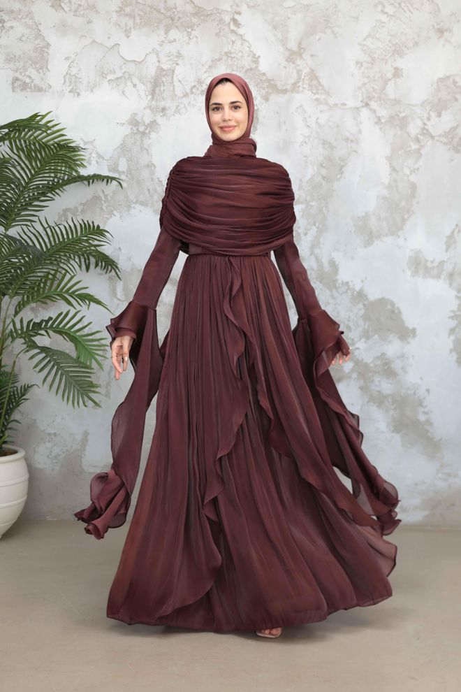 Hulya Keser Elegant Brown Modest Fit And Flare Dress Wholesale Clothing Spring