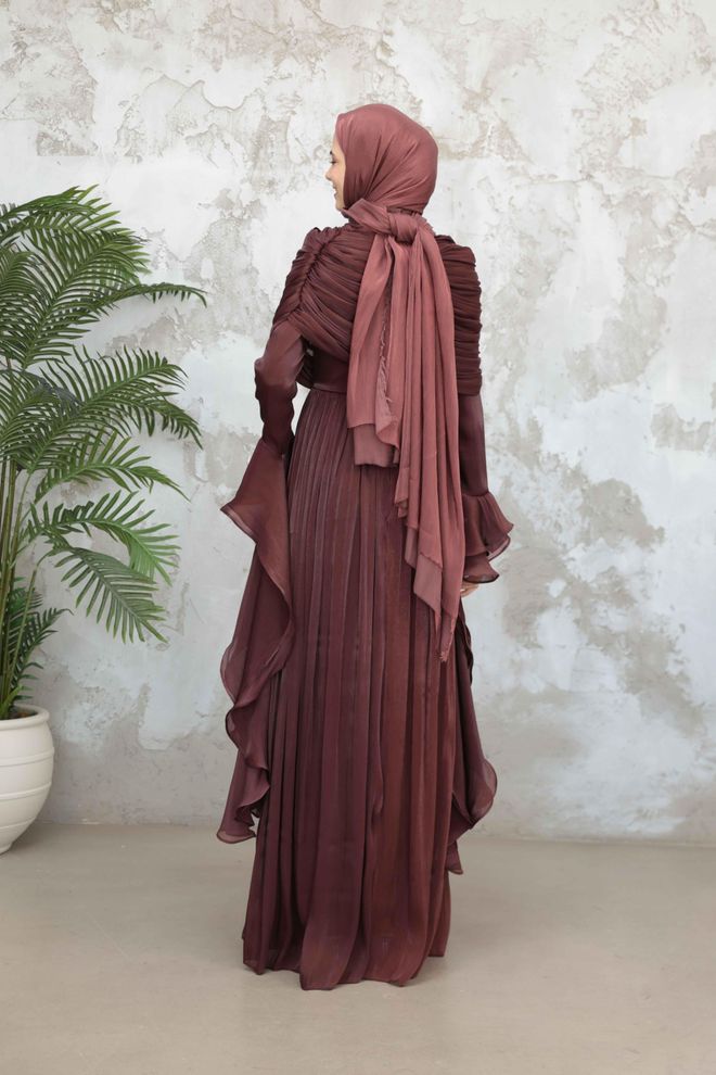 Hulya Keser Elegant Brown Modest Fit And Flare Dress Wholesale Clothing Fall