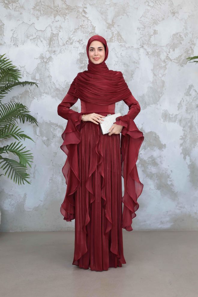 Hulya Keser Claret Red A Line Dress With Ruffle Long Sleeves Wholesale Clothing 1