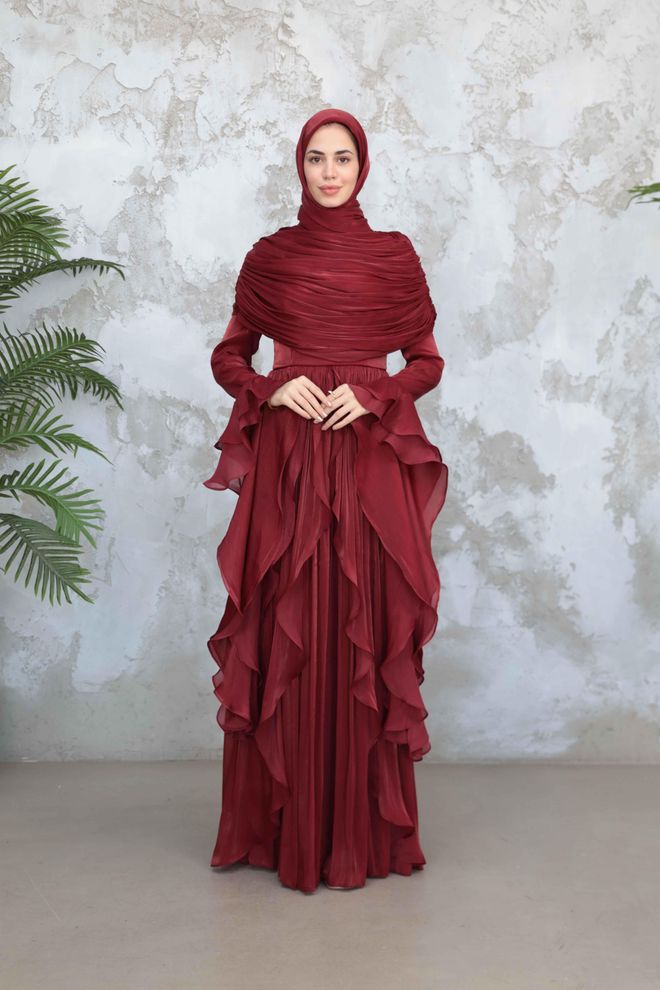 Hulya Keser Bordeauxrotes A Linien Kleid Mit Langen Rüschenärmeln Großhandelskleidung Modest