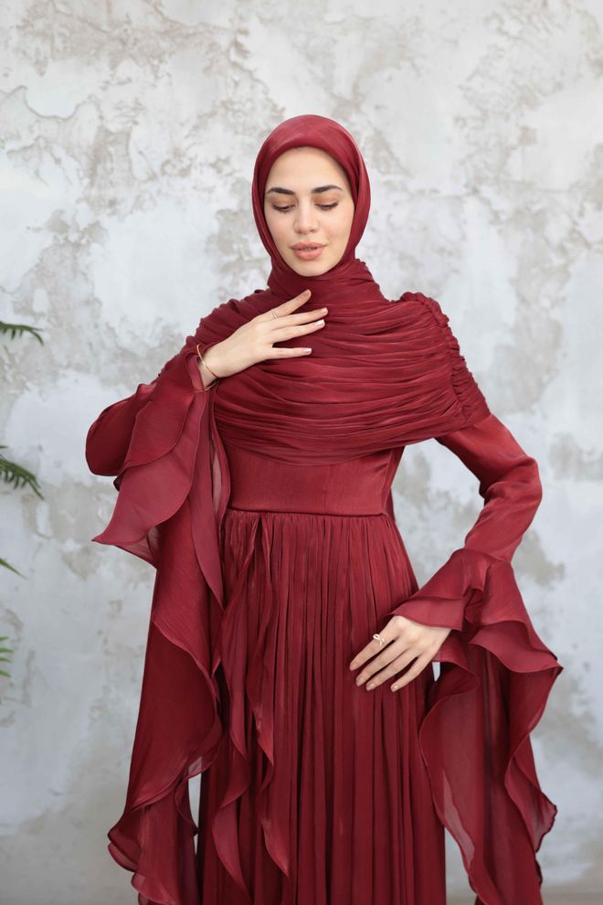 Hulya Keser Claret Red A Line Dress With Ruffle Long Sleeves Wholesale Clothing 5