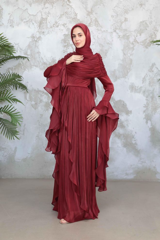 Hulya Keser Claret Red A Line Dress With Ruffle Long Sleeves Wholesale Clothing Formal