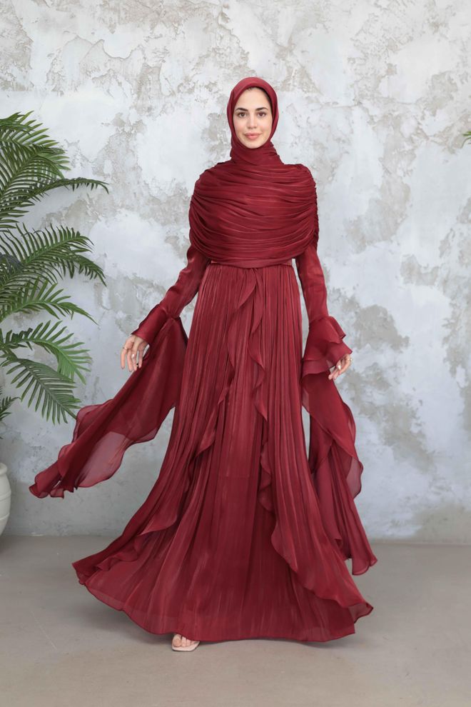 Hulya Keser Claret Red A Line Dress With Ruffle Long Sleeves Wholesale Clothing Christmas