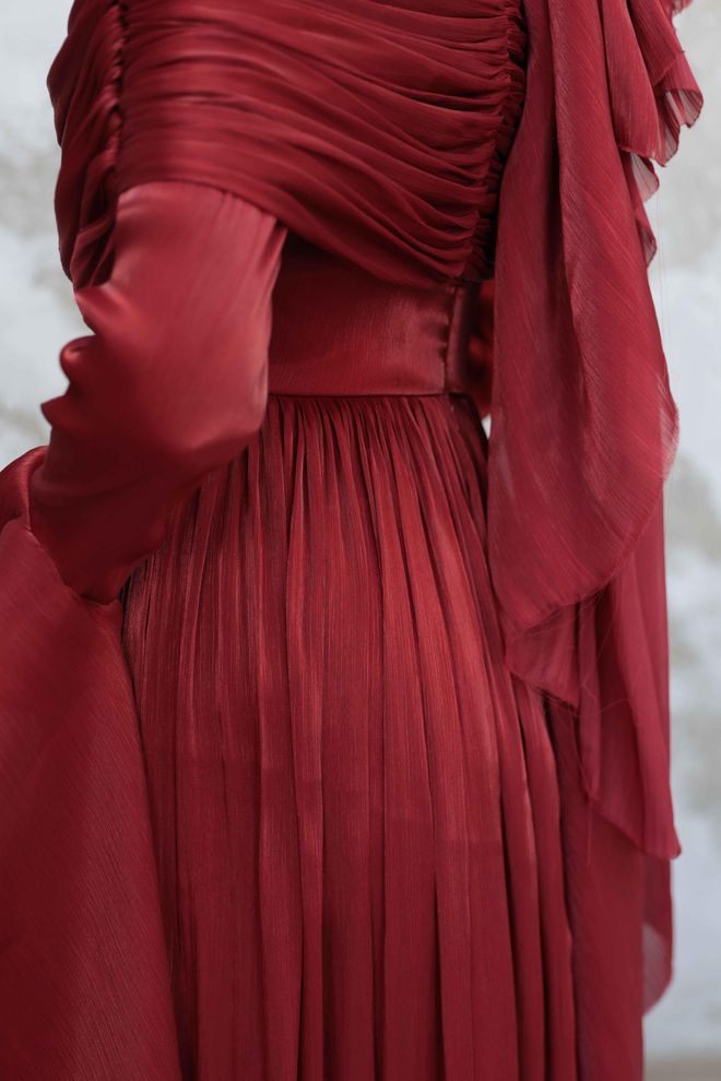 Hulya Keser Claret Red A Line Dress With Ruffle Long Sleeves Wholesale Clothing Fall