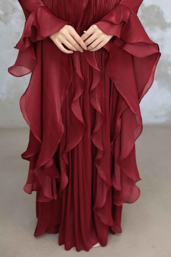 Hulya Keser Claret Red A Line Dress With Ruffle Long Sleeves Wholesale Clothing Cocktail