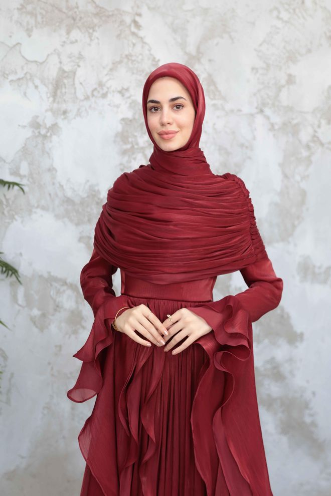 Hulya Keser Claret Red A Line Dress With Ruffle Long Sleeves Wholesale Clothing Spring
