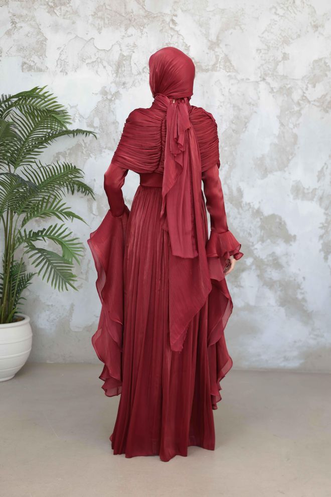 Hulya Keser Claret Red A Line Dress With Ruffle Long Sleeves Wholesale Clothing Ethnic