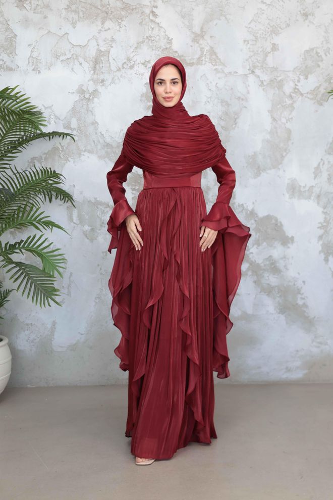 Hulya Keser Claret Red A Line Dress With Ruffle Long Sleeves Wholesale Clothing 9