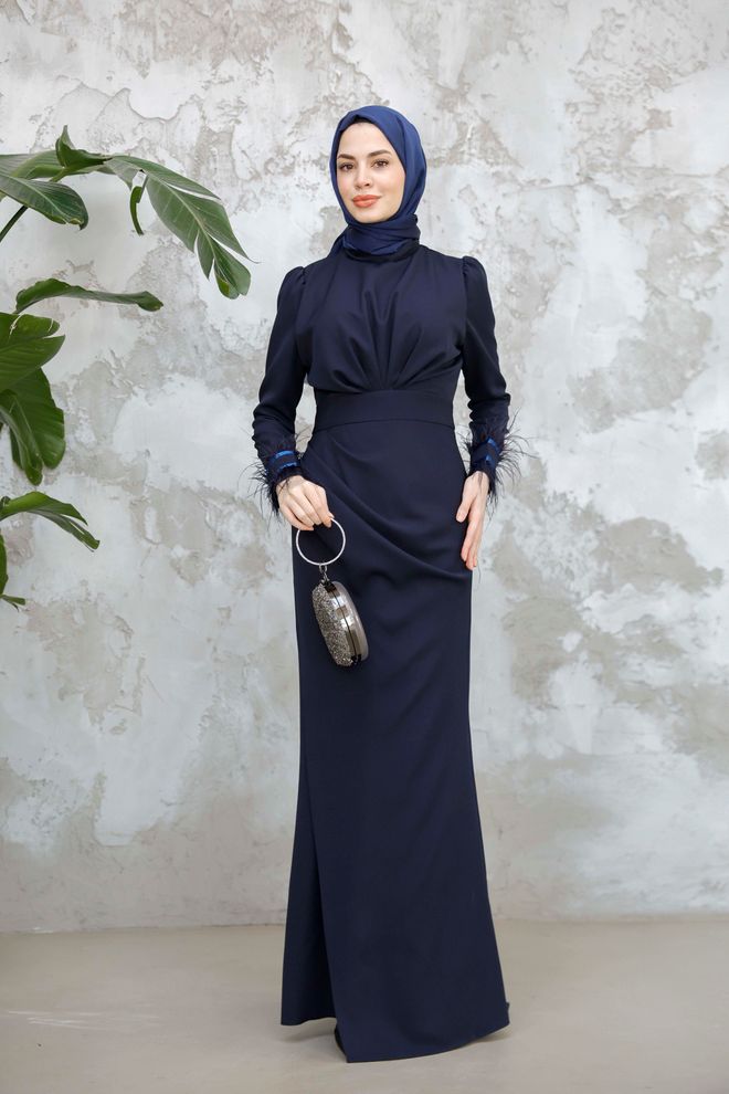 Hulya Keser Marineblau Elegantes Formales Etuikleid Mit Hohem Hals Großhandelskleidung Modest