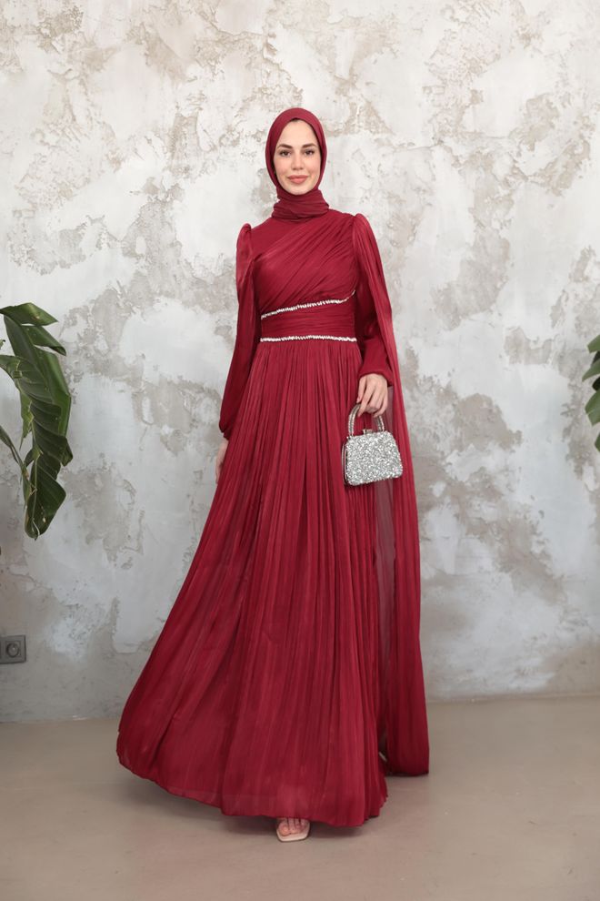 Hulya Keser Vestido Rojo Clarete Elegante Formal Línea A Ropa al por mayor Modesto