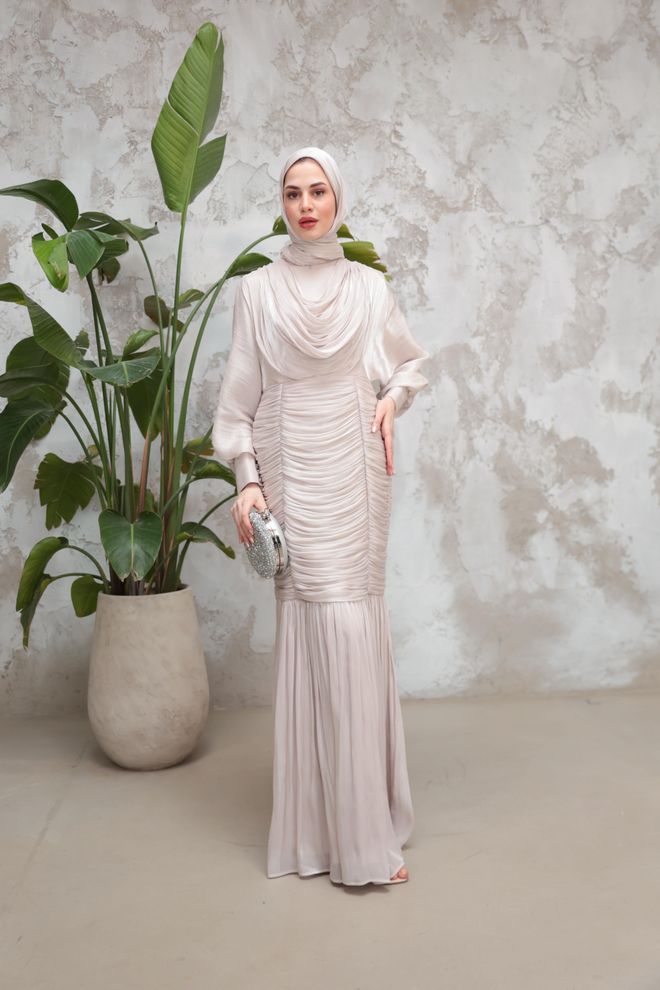 Hulya Keser Beige Modest Elegant Formal Sheath Dress Wholesale Clothing Spring
