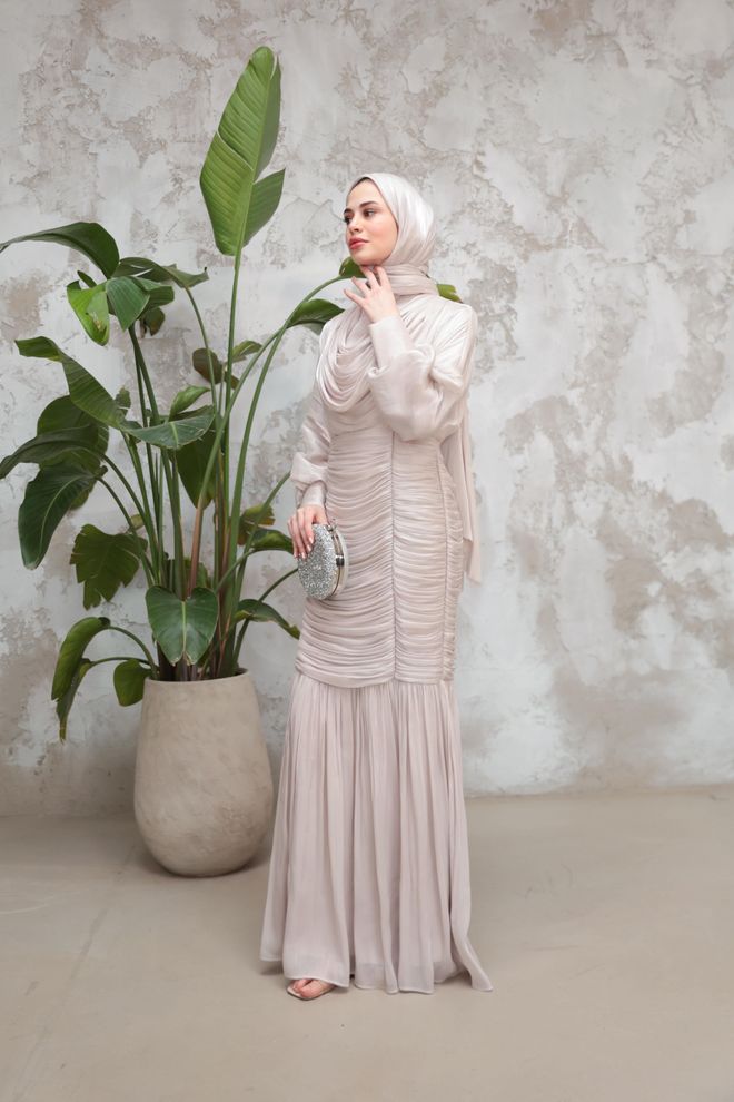 Hulya Keser Beige Modest Elegant Formal Sheath Dress Wholesale Clothing Formal