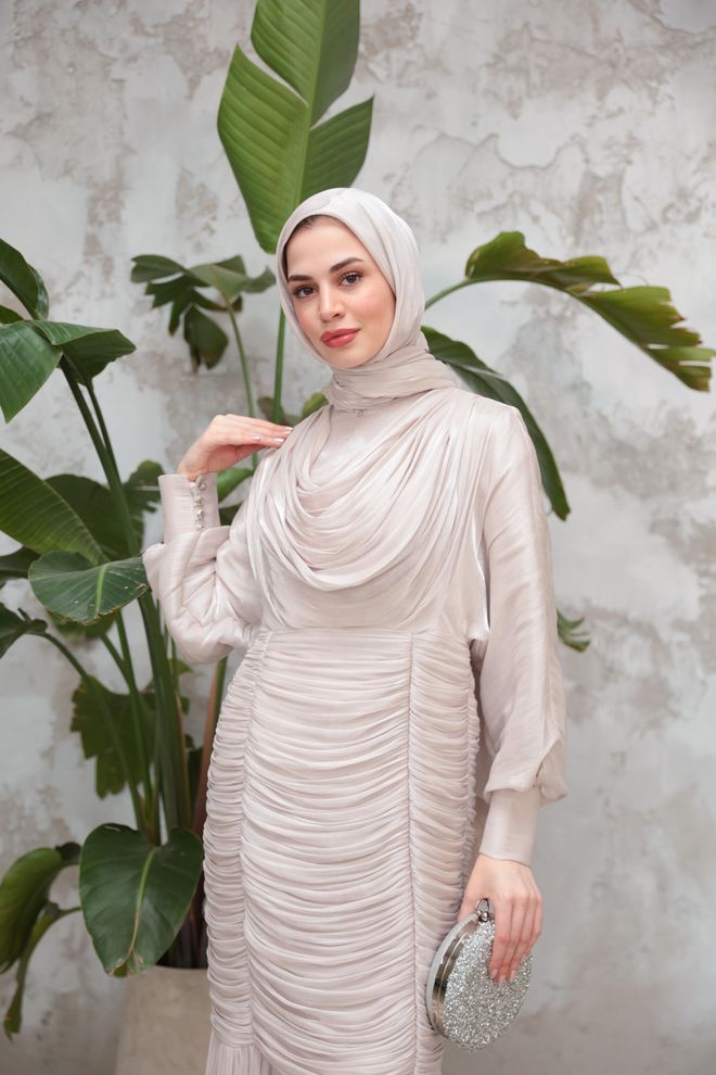 Hulya Keser Beige Modest Elegant Formal Sheath Dress Wholesale Clothing 1