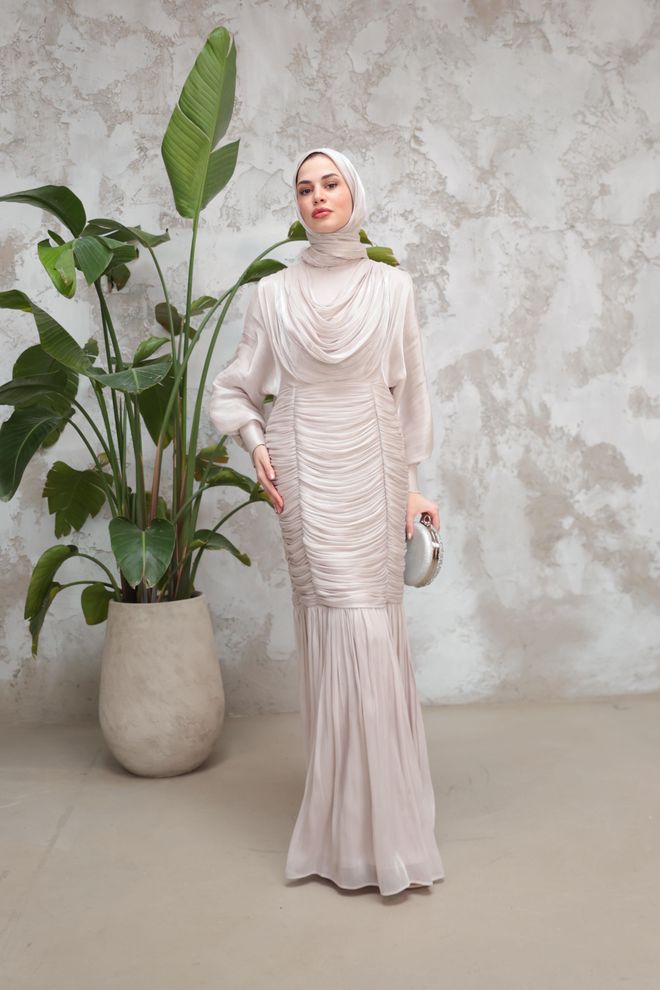 Hulya Keser Beige Modest Elegant Formal Sheath Dress Wholesale Clothing Work