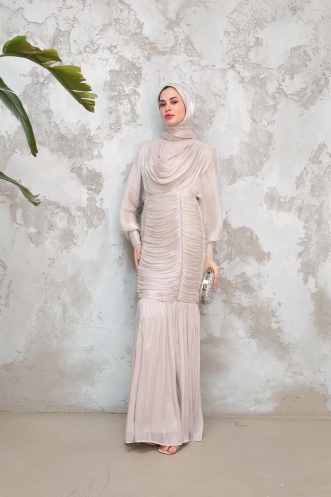 Hulya Keser Beige Modest Elegant Formal Sheath Dress Wholesale Clothing Cocktail