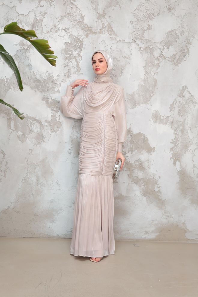 Hulya Keser Beige Modest Elegant Formal Sheath Dress Wholesale Clothing Elegant