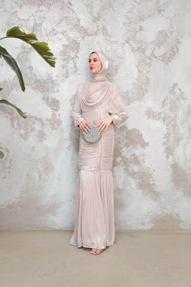 Hulya Keser Beige Modest Elegant Formal Sheath Dress Wholesale Clothing Fall