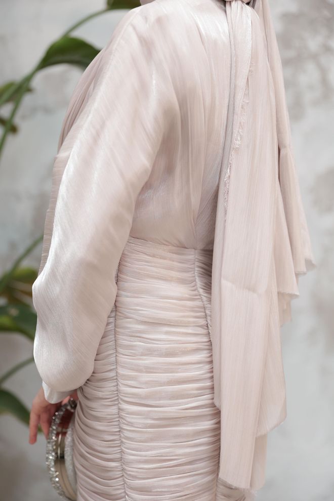 Hulya Keser Beige Modest Elegant Formal Sheath Dress Wholesale Clothing Winter