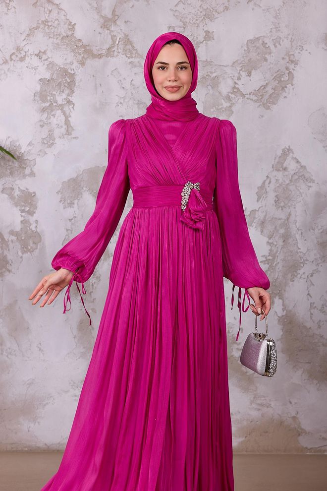 Hulya Keser Elegant Fuchsia Dress With V Neck And Long Sleeves Wholesale Clothing Spring