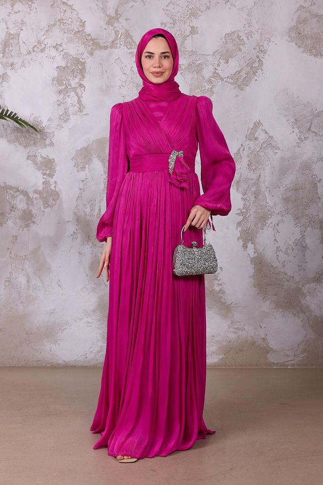 Hulya Keser Элегантное Платье Фуксия А силуэт С V образным Вырезом И Длинными Рукавами Оптовая продажа одежды Скромный