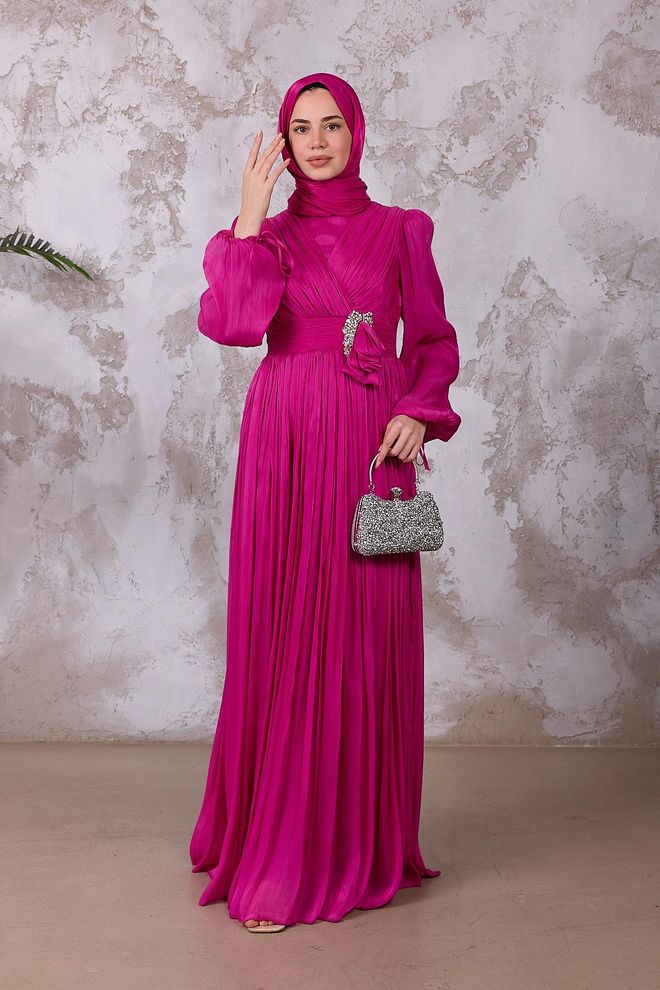 Hulya Keser Elegant Fuchsia Dress With V Neck And Long Sleeves Wholesale Clothing 5