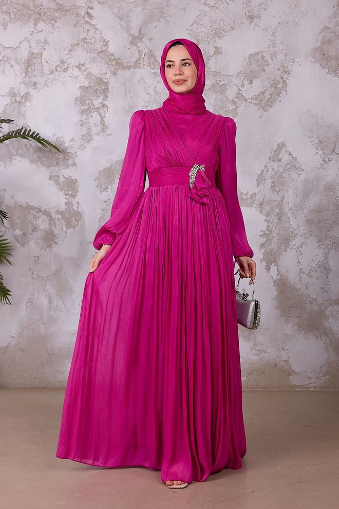 Hulya Keser Elegant Fuchsia Dress With V Neck And Long Sleeves Wholesale Clothing 1