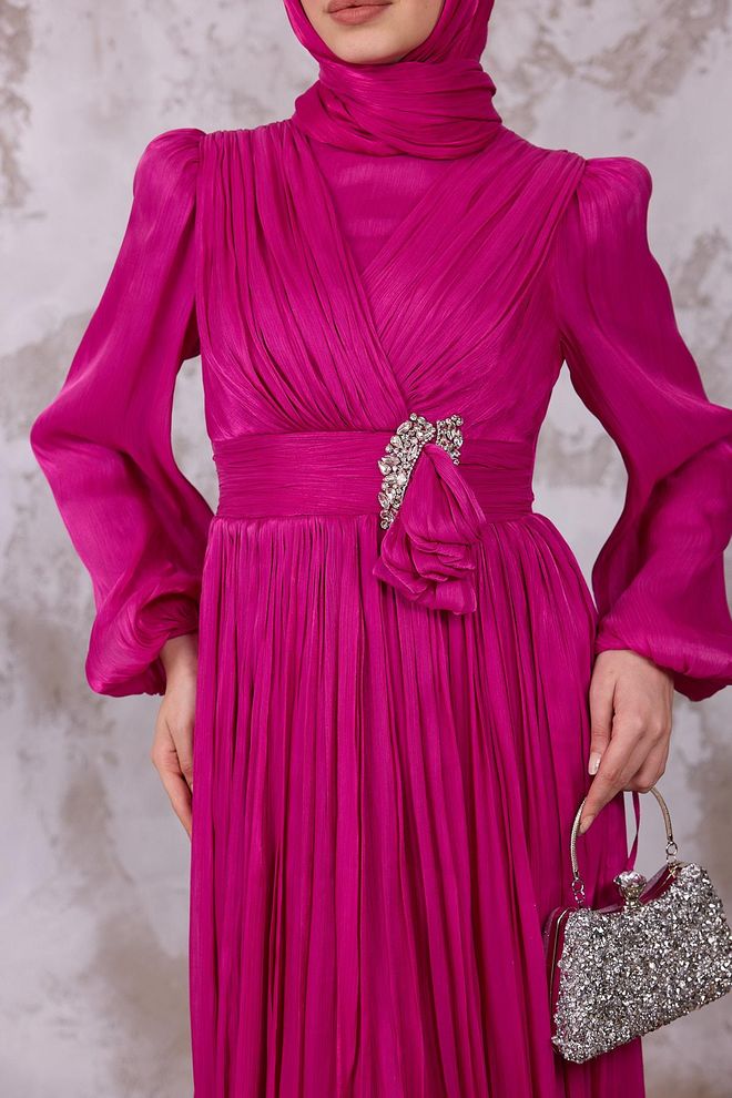 Hulya Keser Elegant Fuchsia Dress With V Neck And Long Sleeves Wholesale Clothing Vintage