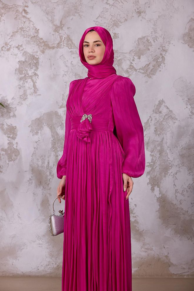 Hulya Keser Elegant Fuchsia Dress With V Neck And Long Sleeves Wholesale Clothing Wedding