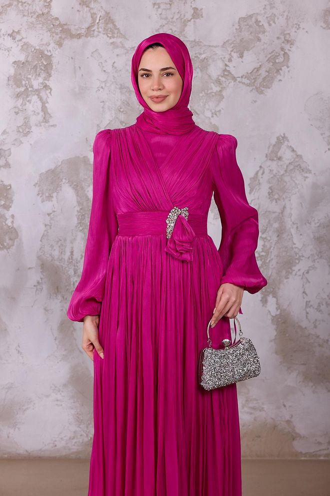 Hulya Keser Elegant Fuchsia Dress With V Neck And Long Sleeves Wholesale Clothing Cocktail