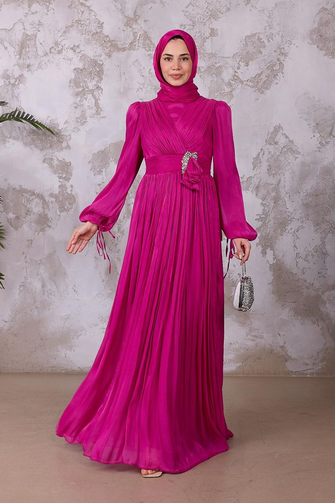 Hulya Keser Elegant Fuchsia Dress With V Neck And Long Sleeves Wholesale Clothing Fall