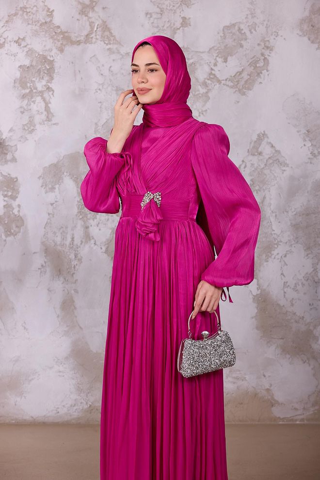 Hulya Keser Elegant Fuchsia Dress With V Neck And Long Sleeves Wholesale Clothing Formal
