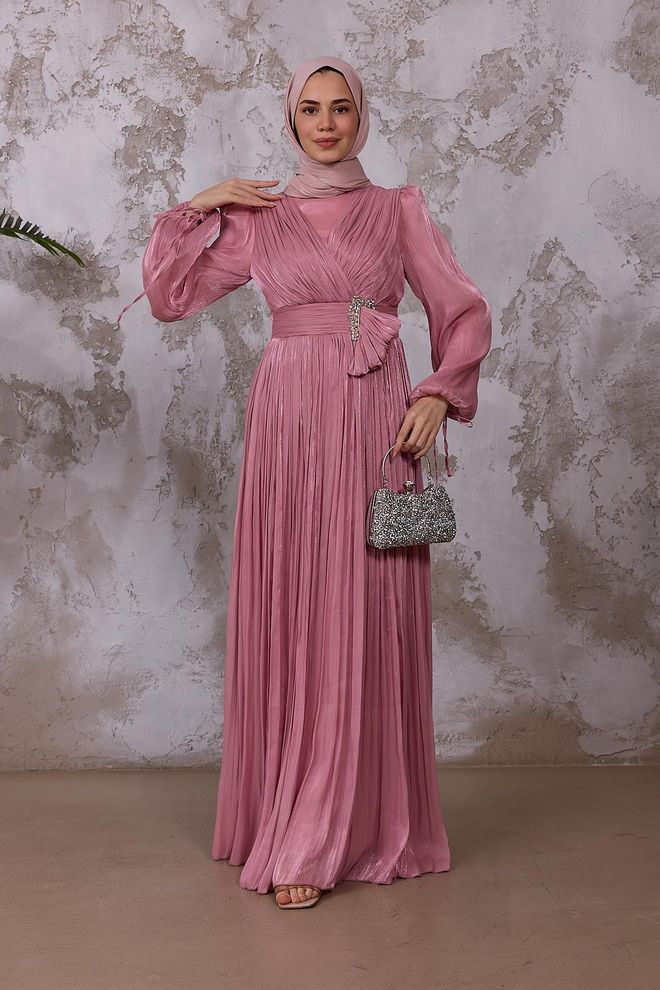 Hulya Keser Pink A Line V Neck Ballon Sleeve Dress Wholesale Clothing 1