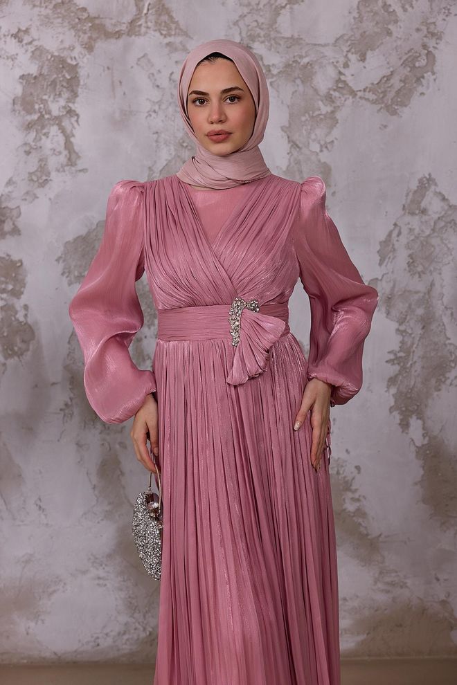 Hulya Keser Pink A Line V Neck Ballon Sleeve Dress Wholesale Clothing 5