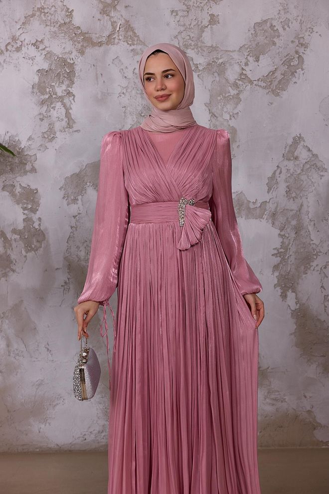 Hulya Keser Pink A Line V Neck Ballon Sleeve Dress Wholesale Clothing Wedding