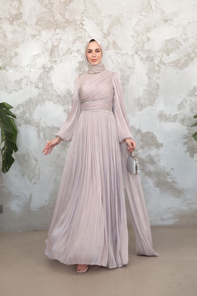 Hulya Keser Vestido Beige Modesto Y Elegante Corte Fit And Flare Ropa al por mayor Modesto