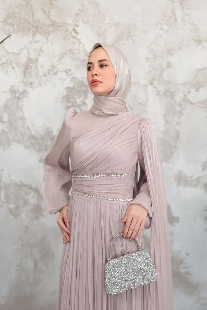 Hulya Keser Beige Modest Fit And Flare Dress Wholesale Clothing 1