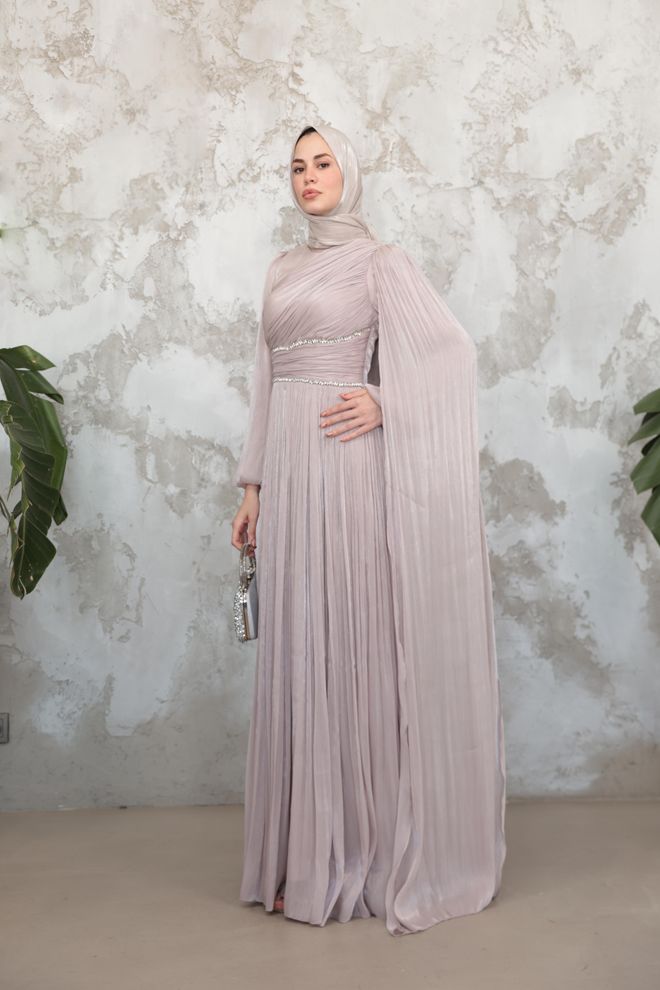 Hulya Keser Beige Modest Fit And Flare Dress Wholesale Clothing 5