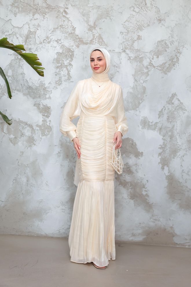 Hulya Keser Bež Skroman Elegantan Formalni Haljina Veleprodaja odjeće Skroman