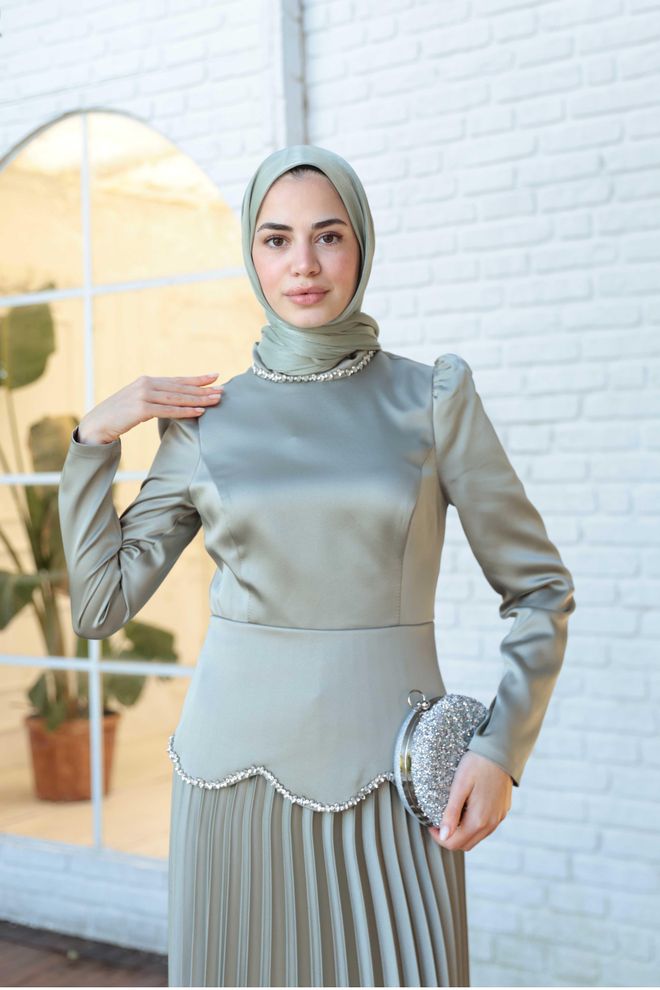 Hulya Keser Beige Modest Elegant Formal A Line Dress Wholesale Clothing Work