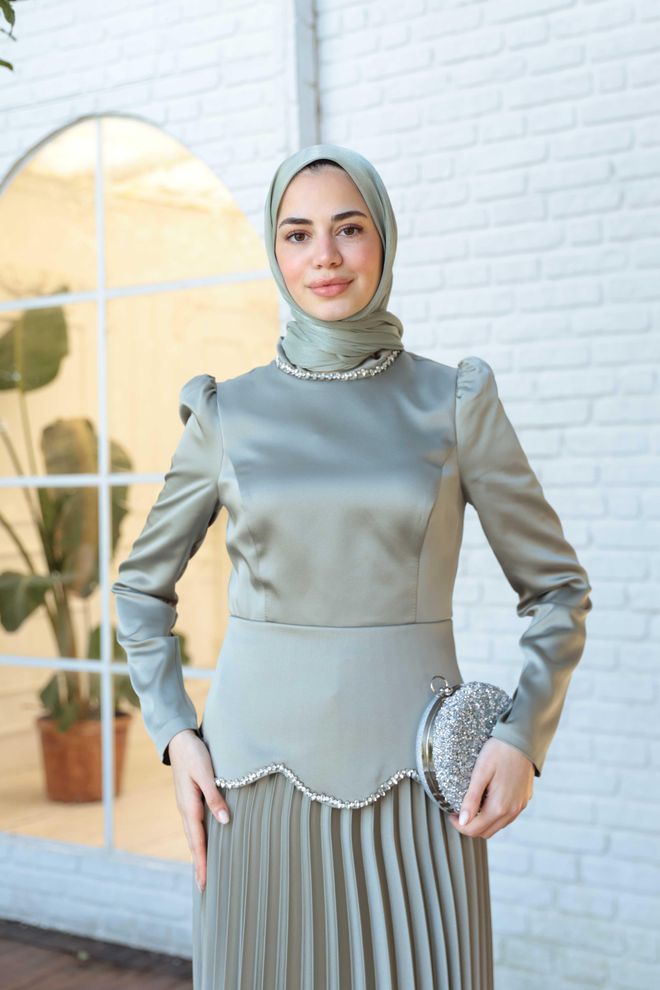 Hulya Keser Beige Modest Elegant Formal A Line Dress Wholesale Clothing 1