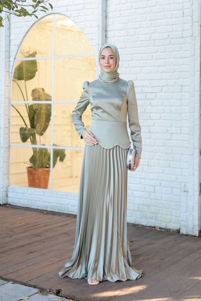 Hulya Keser Beige Modest Elegant Formal A Line Dress Wholesale Clothing Fall