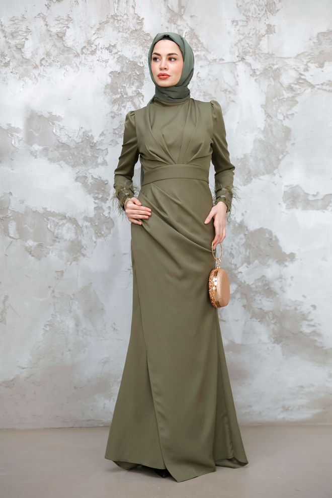 Hulya Keser Khaki Elegantes Modest Formelles Mantel Kleid Großhandelskleidung Modest