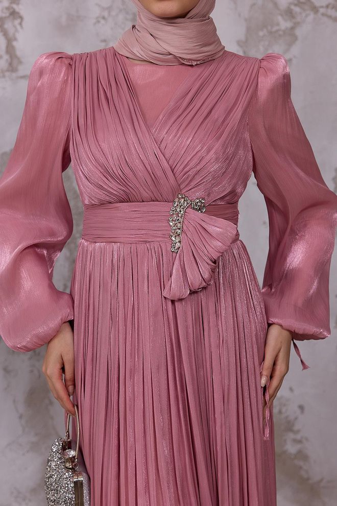 Hulya Keser Pink A Line V Neck Ballon Sleeve Dress Wholesale Clothing Formal