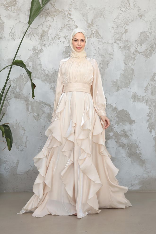 Hulya Keser Bež Skroman Elegantan Formalni Haljina A kroj Veleprodaja odjeće Skroman