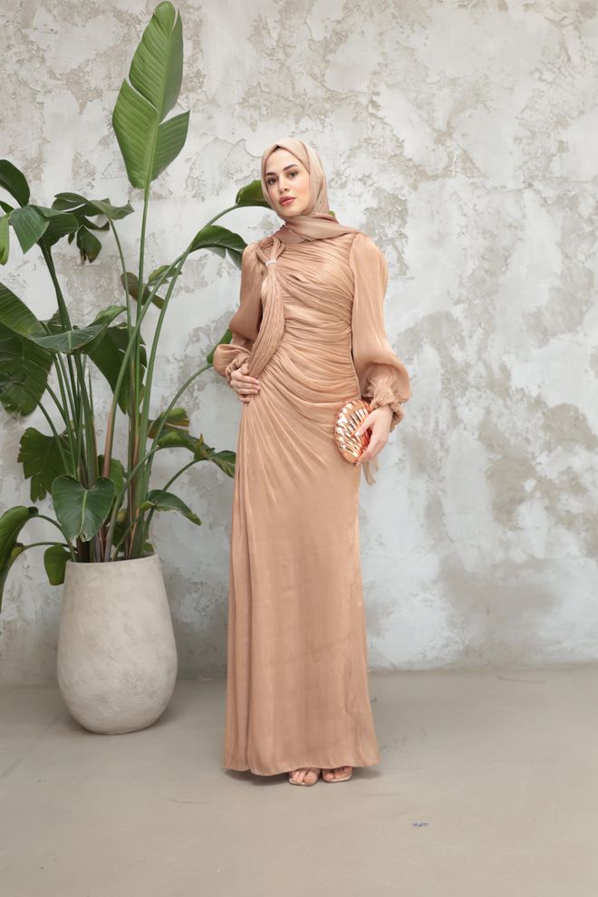 Hulya Keser Elegant Beige Sheath Dress With Long Sleeves Wholesale Clothing Formal