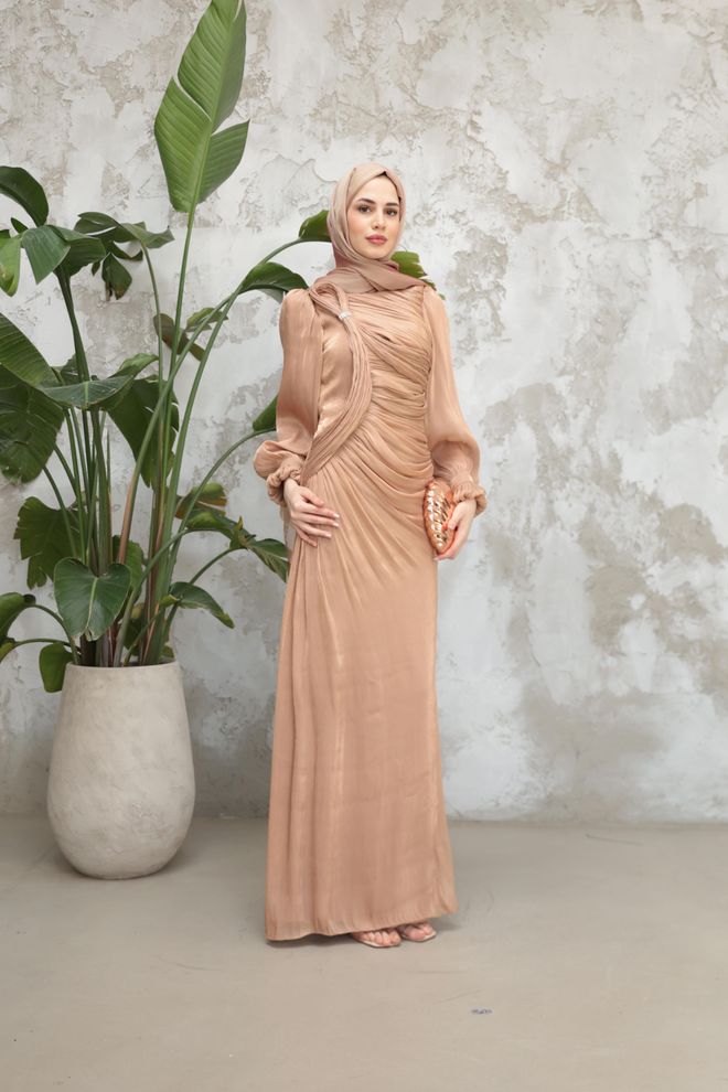 Hulya Keser Elegant Beige Sheath Dress With Long Sleeves Wholesale Clothing Work
