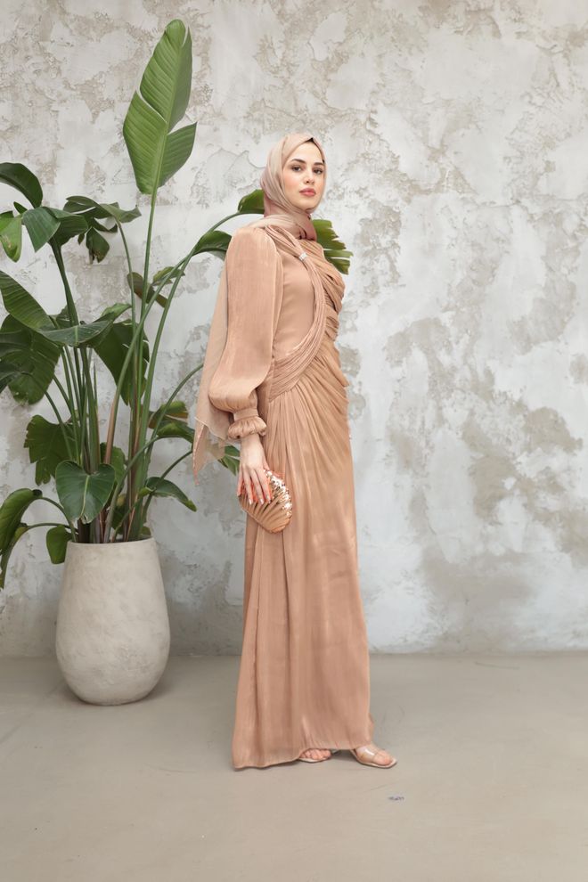 Hulya Keser Elegant Beige Sheath Dress With Long Sleeves Wholesale Clothing 5