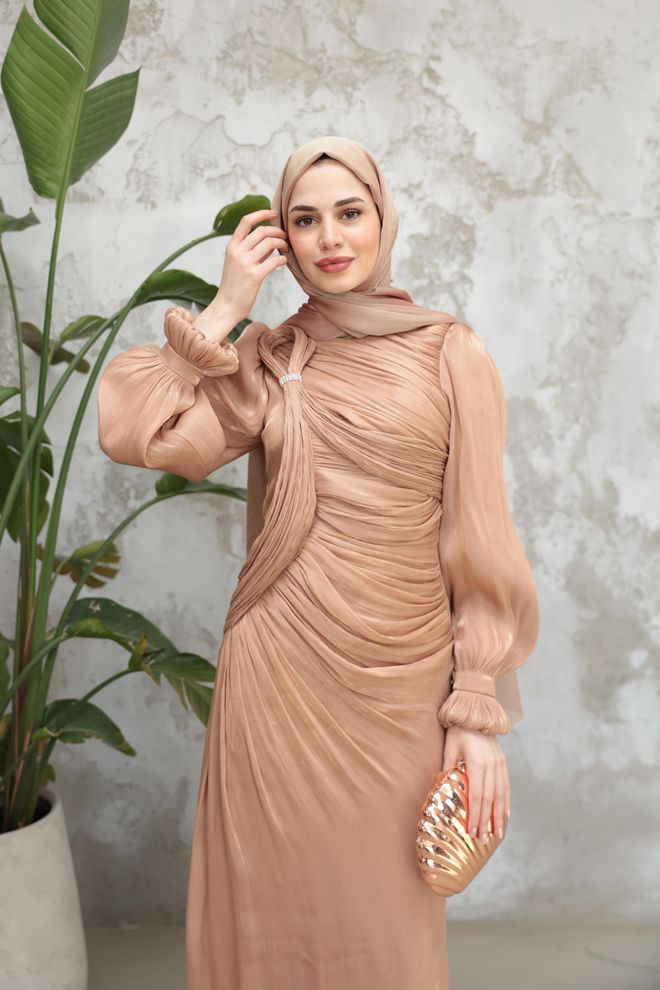Hulya Keser Elegant Beige Sheath Dress With Long Sleeves Wholesale Clothing 1