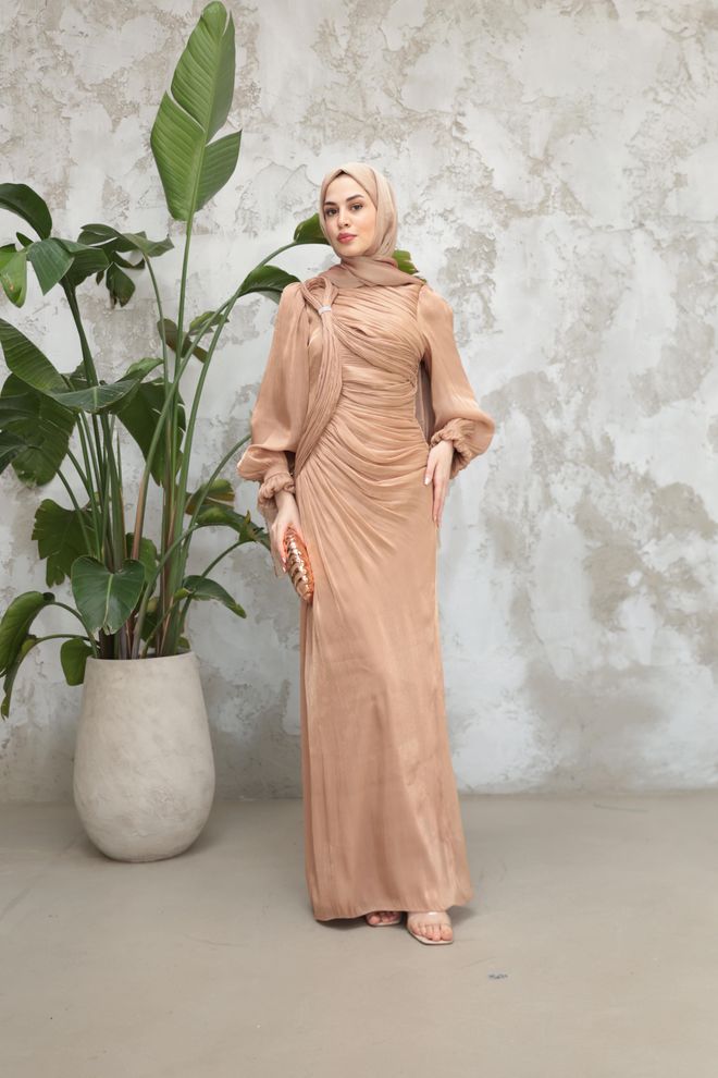 Hulya Keser Elegant Beige Sheath Dress With Long Sleeves Wholesale Clothing Spring